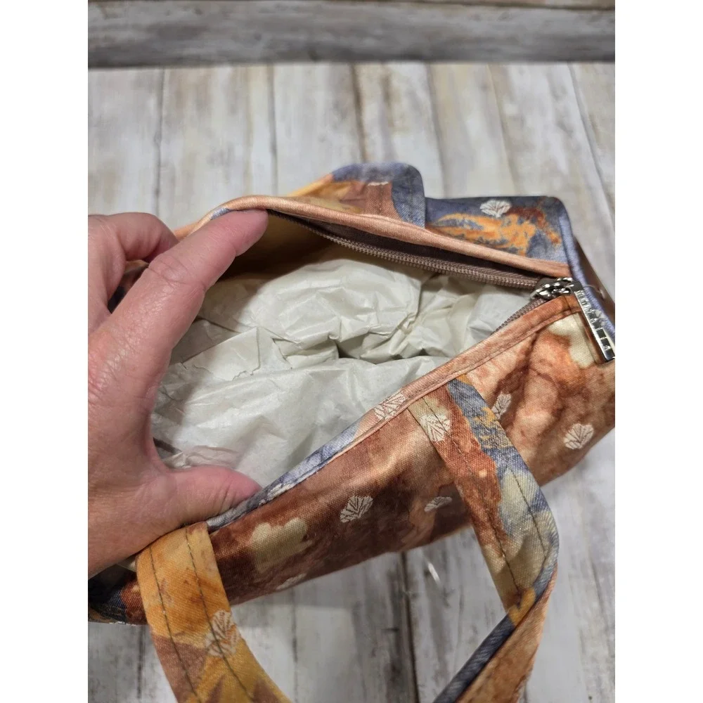 Living Things Co Abstract Floral Batik Canvas Barrel Travel Bag‎ Orange Blue NWT